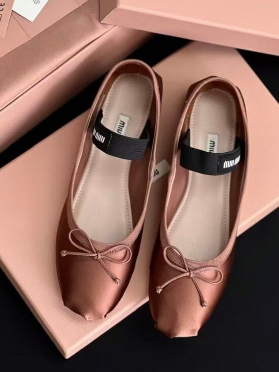 Miu Miu​​​​​ Shoes - Miu Miu Mauve Satin Bow Logo Strap Mary Jane Ballet Flats